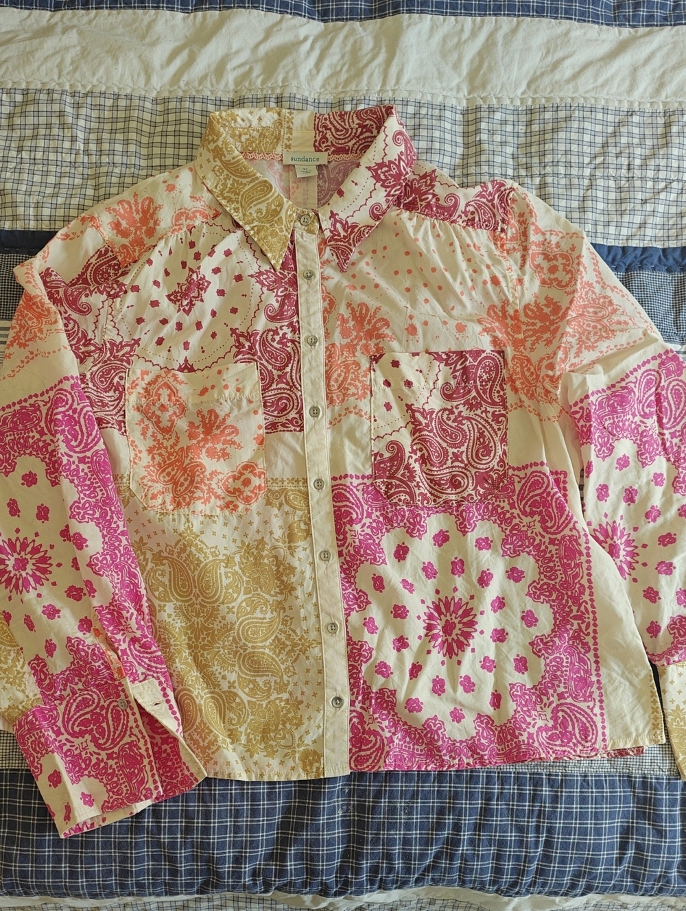 Sundance Cream Button-Down Shirt with Pink, Coral & Gold Bandana Print